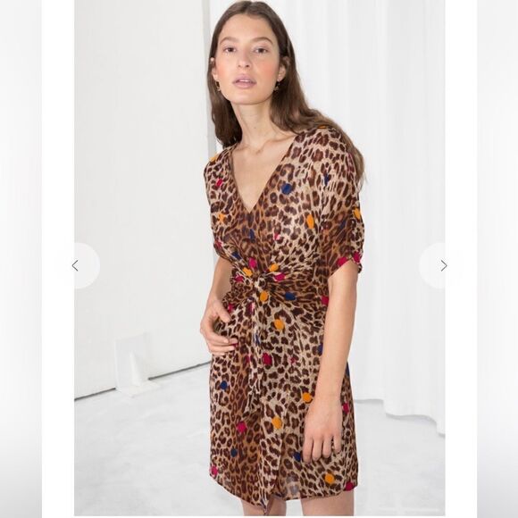 & Other Stories Leopard Print Wrap Dress V Neck Mini Dress Cinch Waist 8 - Picture 7 of 11
